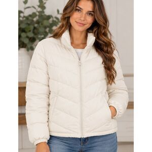 GAP Women's XXL Cream Quilted Puffer Jacket, High Neck Zip Up Winter Coat